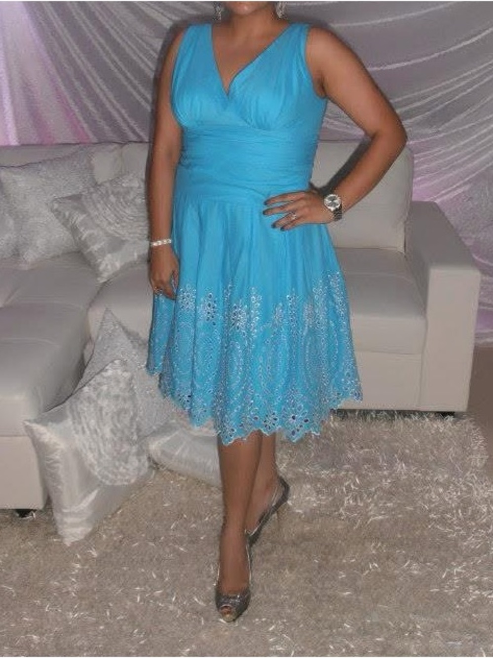 ✅Aqua blue v-neck embroidery A-line with can can underskirt midi dress 12p